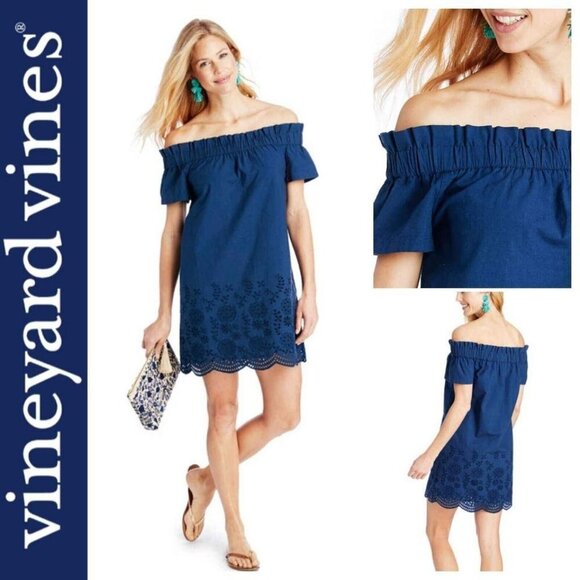 Vineyard Vines Navy Blue Off The Shoulder Eyelet Dress XS Extra Small - Picture 1 of 4